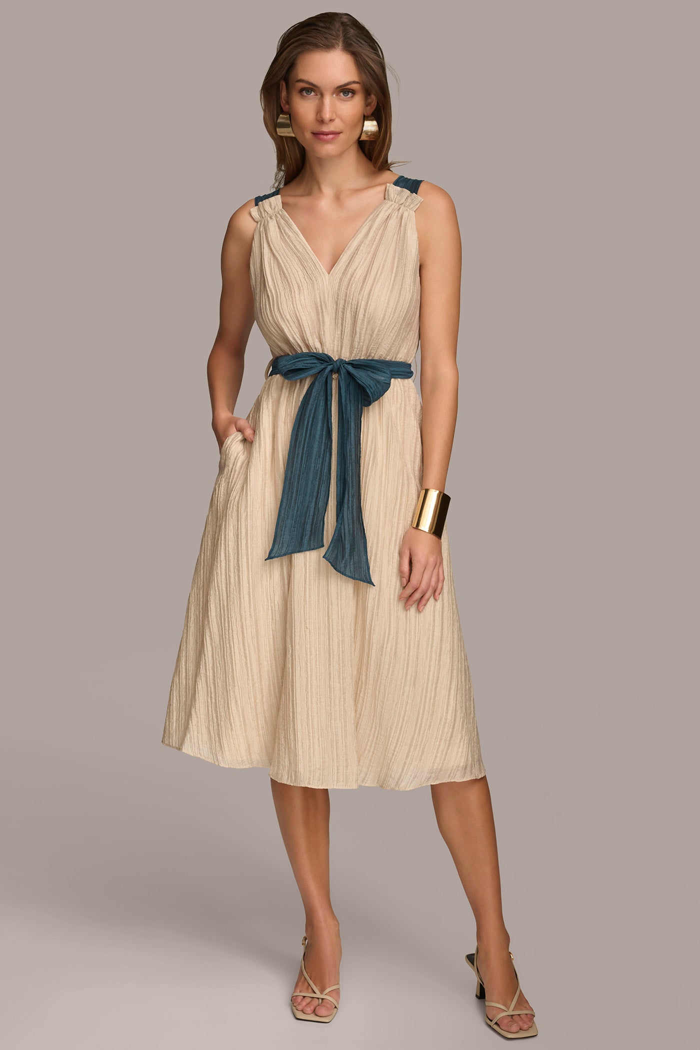 (image for) LEADING V NECK A LINE DRESS WITH SELF TIE BELT